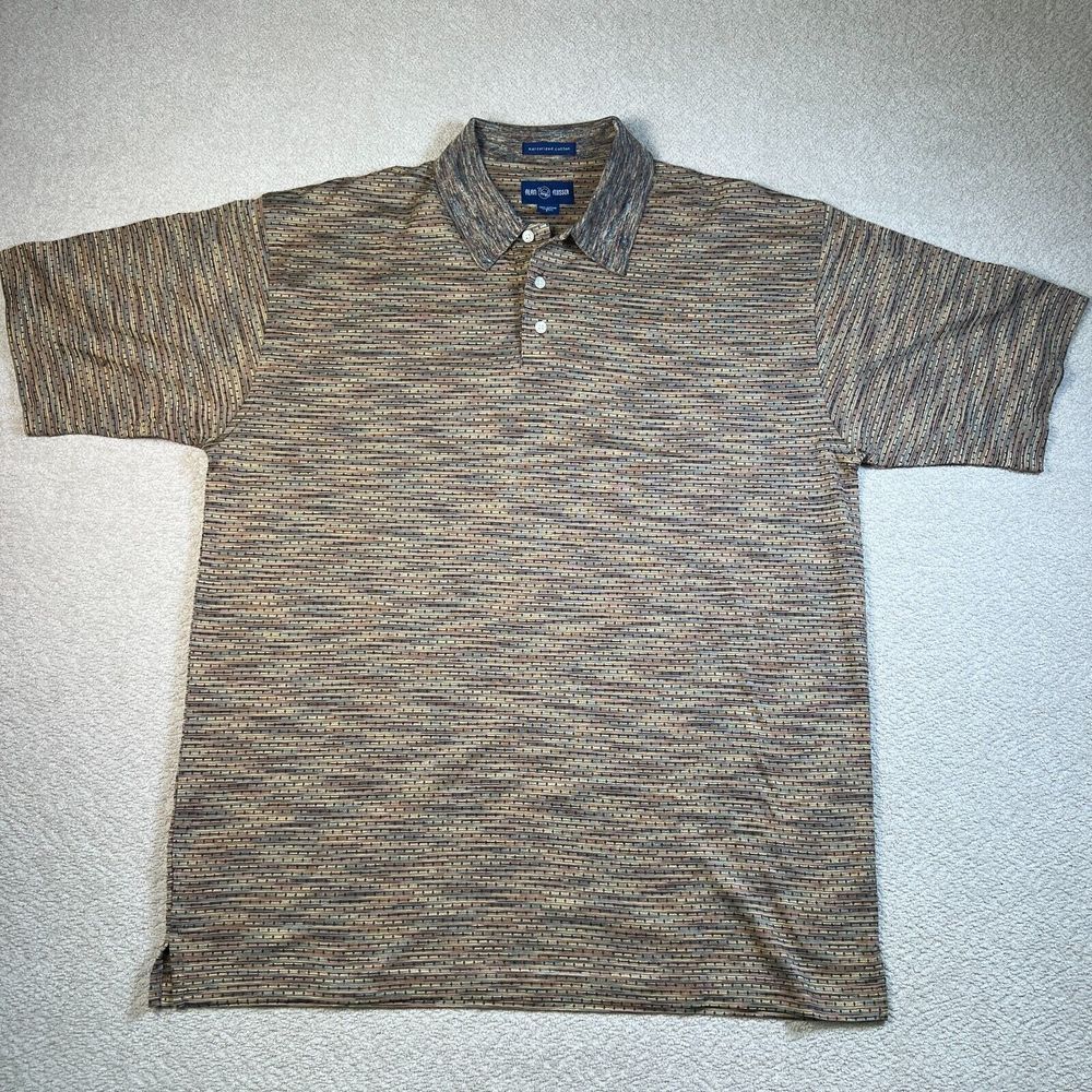 Alan Flusser Polo‎ Shirt Mens Large Brown Tweed Short Sleeve Mercerized Cotton